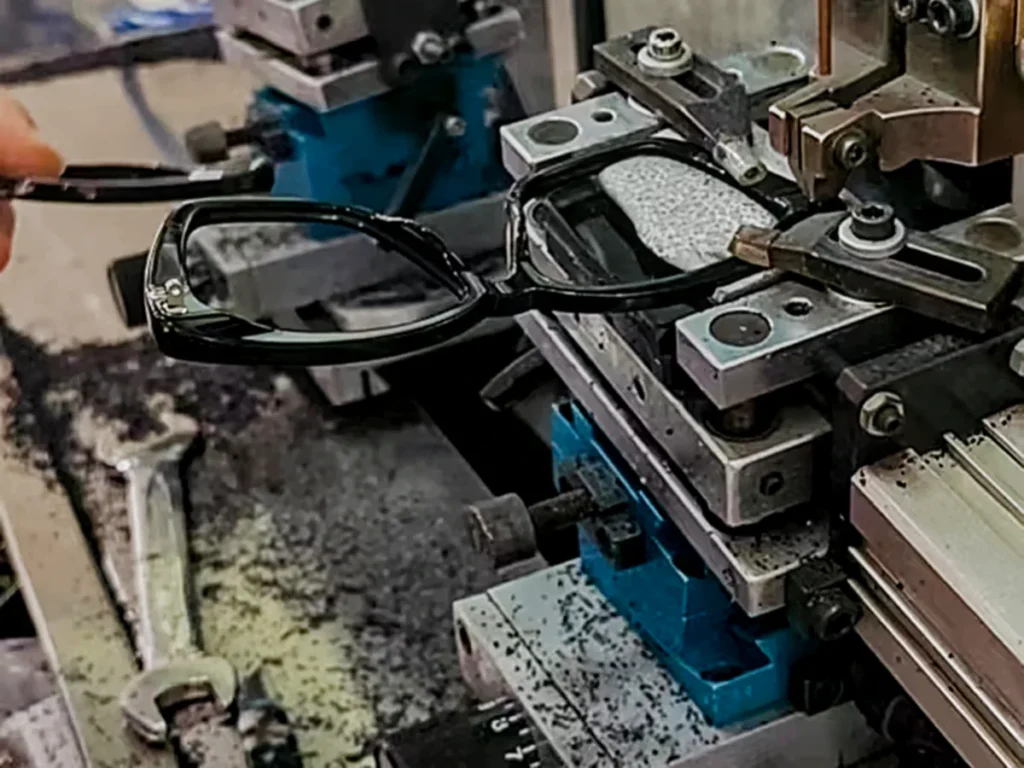 Precision hinge insertion for acetate eyewear frames