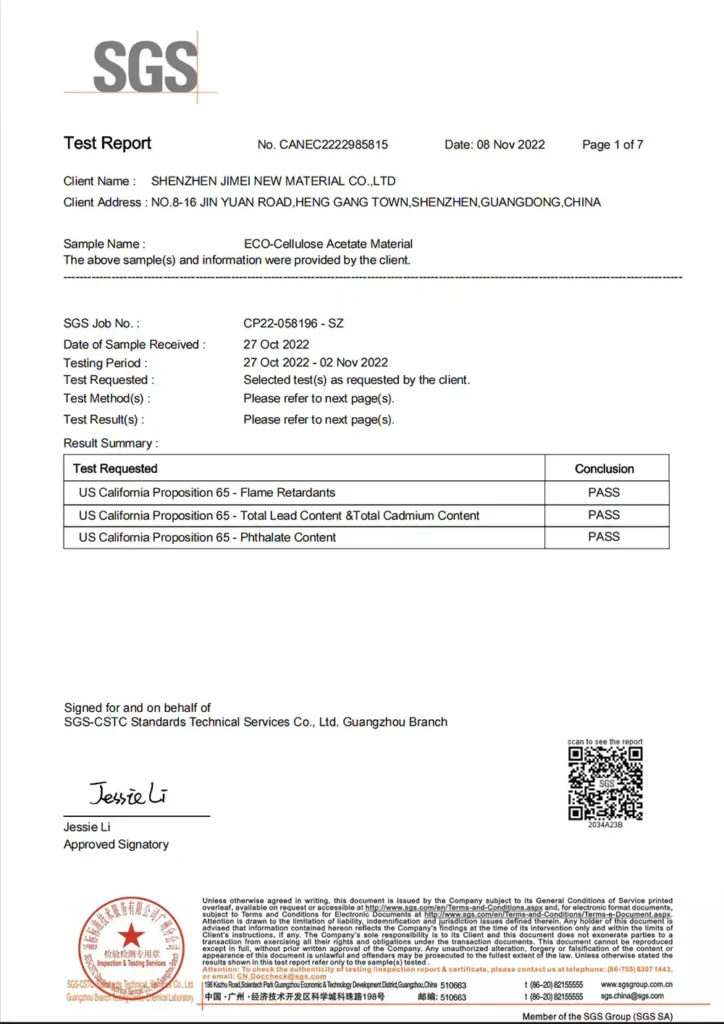 SGS California Proposition 65 test report for cellulose acetate used in eyewear manufacturing