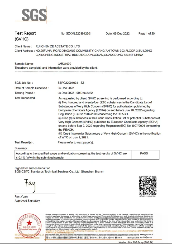 SGS SVHC screening report for cellulose acetate used in eyewear manufacturing