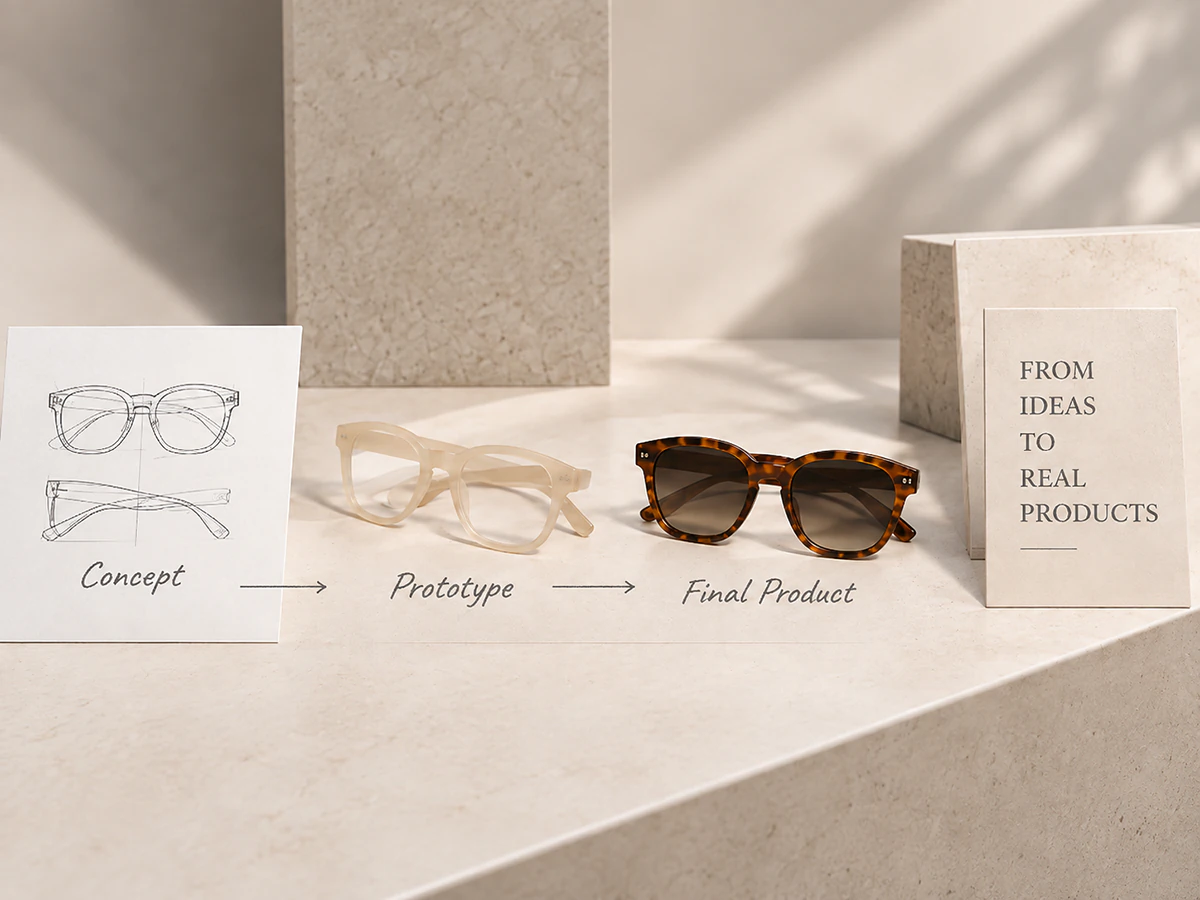 Concept sketch, prototype eyewear frame and finished sunglasses illustrating a product development path