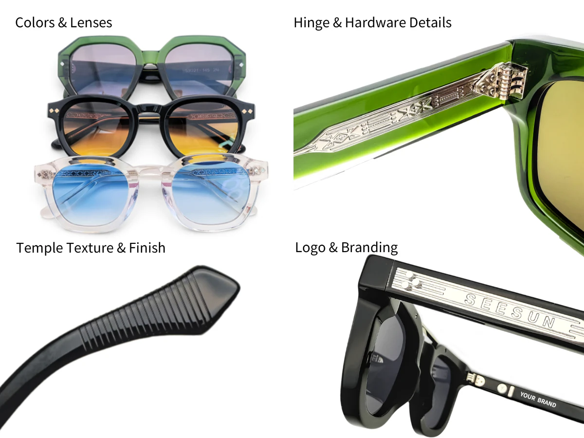 Custom eyewear products showing color and lens options, hinge hardware, temple finishes and logo branding details