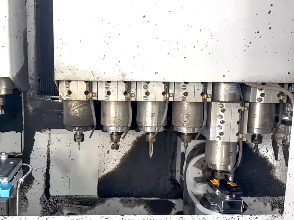 Eyewear frame component undergoing 5-axis machining inside the SEESUN eyeglasses factory