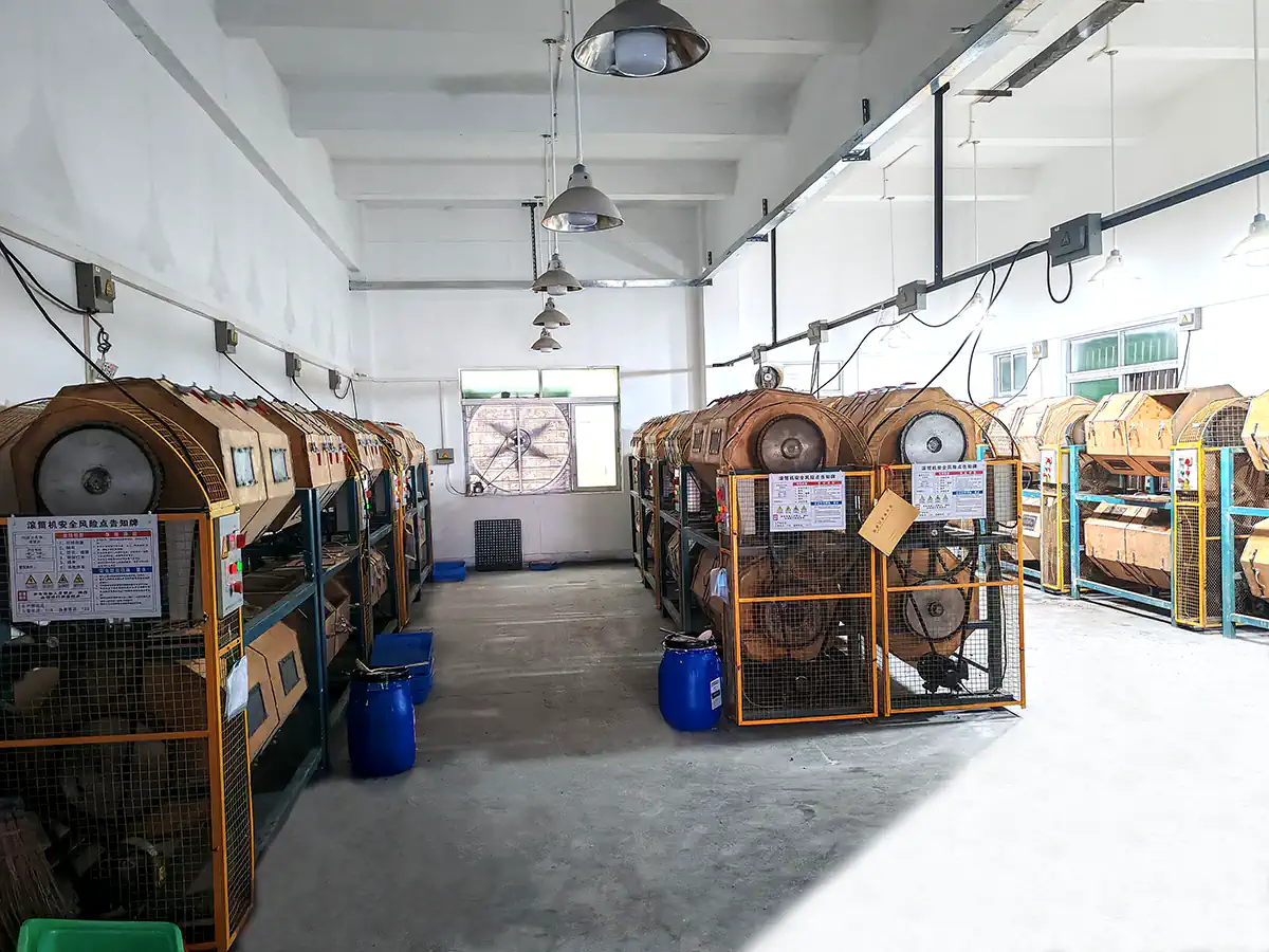 Eyewear frame tumbling and polishing workshop at Seesun eyeglasses factory