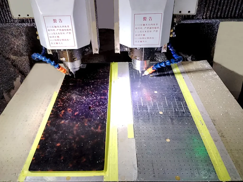 Eyewear frame components undergoing precision engraving during frame production