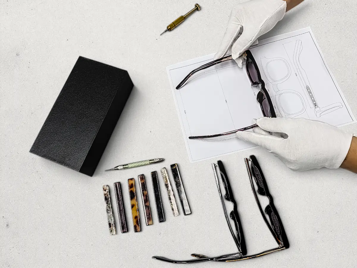 Eyewear product development samples with acetate color swatches and technical drawing