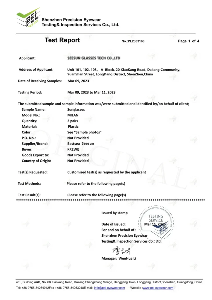 Third-party test report for sunglasses submitted by SEESUN