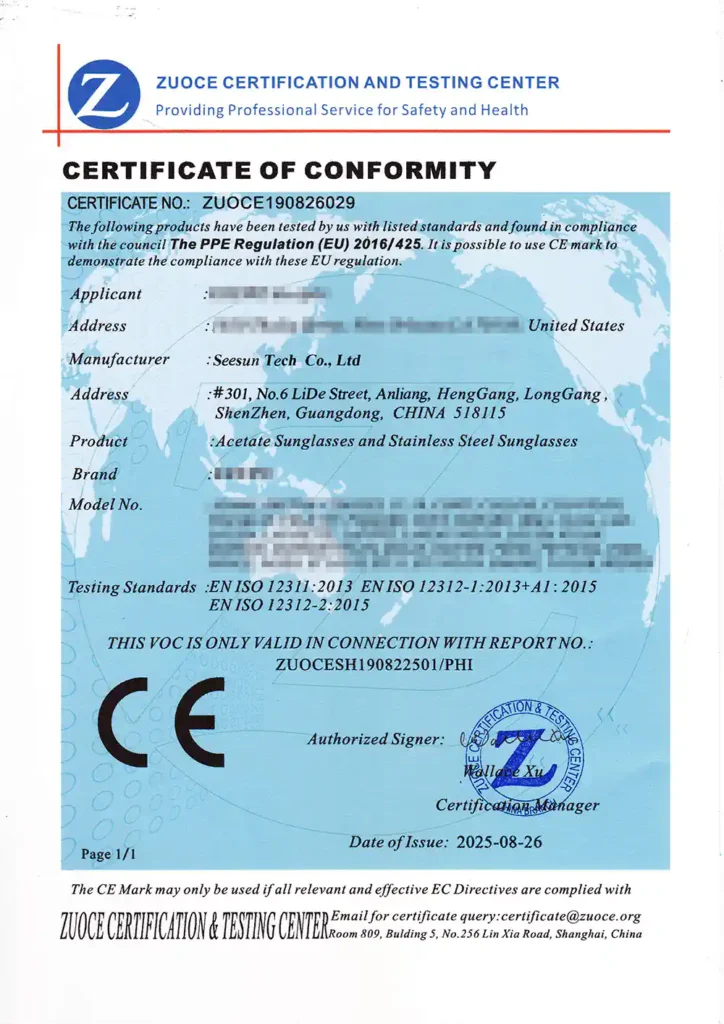 CE conformity certificate listing SEESUN in Shenzhen as manufacturer of acetate and stainless steel sunglasses