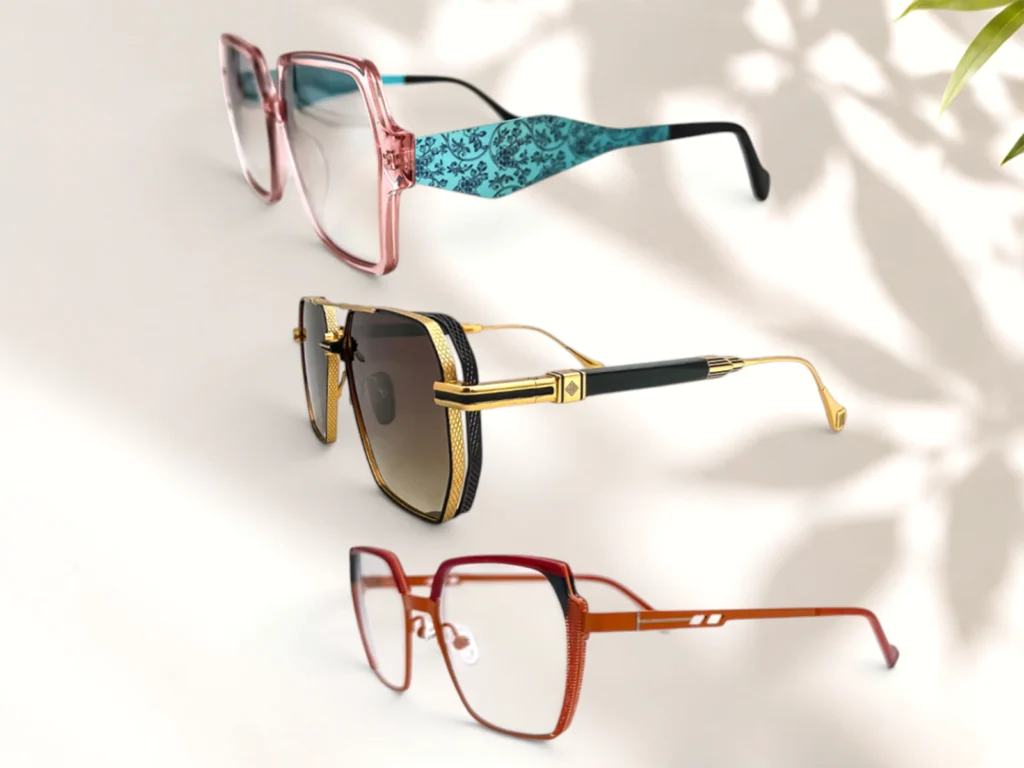 Three mixed material eyewear styles with varied front, temple and hardware combinations