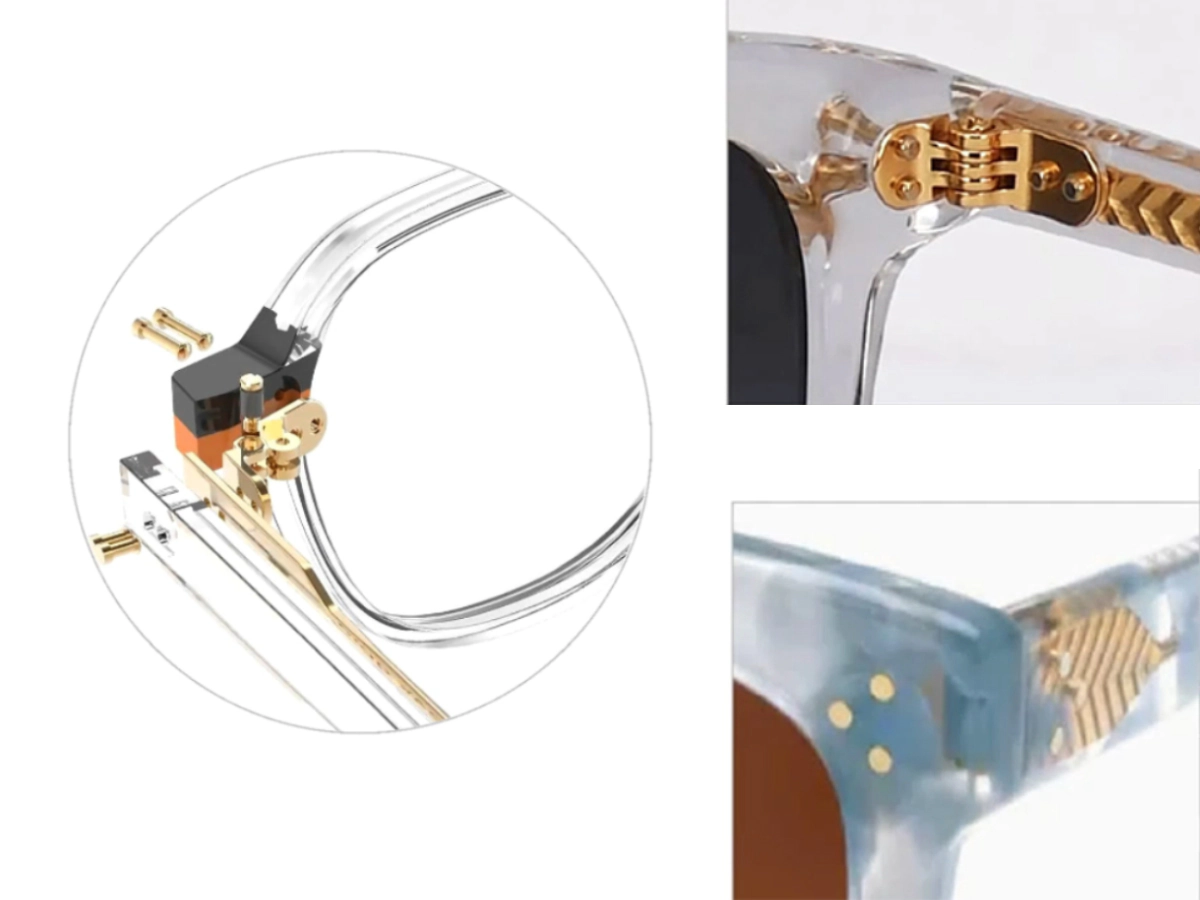 Exploded view of a gold-tone hinge assembly showing component connections in a transparent acetate eyewear frame