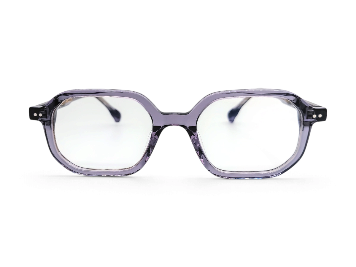 Translucent purple optical frame showing bridge position and left-right front alignment