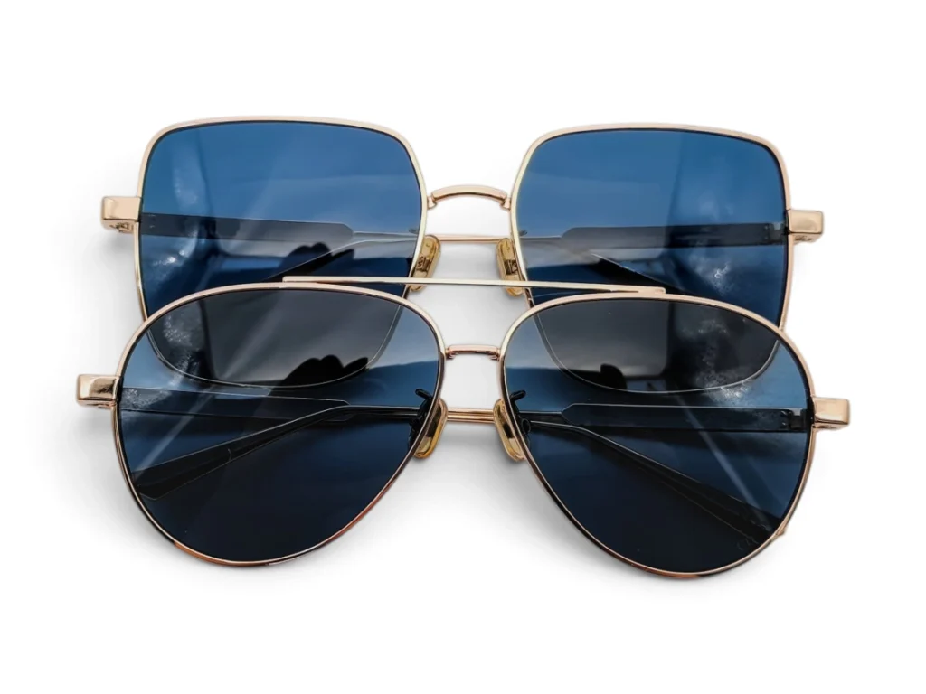 Two metal sunglasses with rectangular and aviator frame shapes for frame selection
