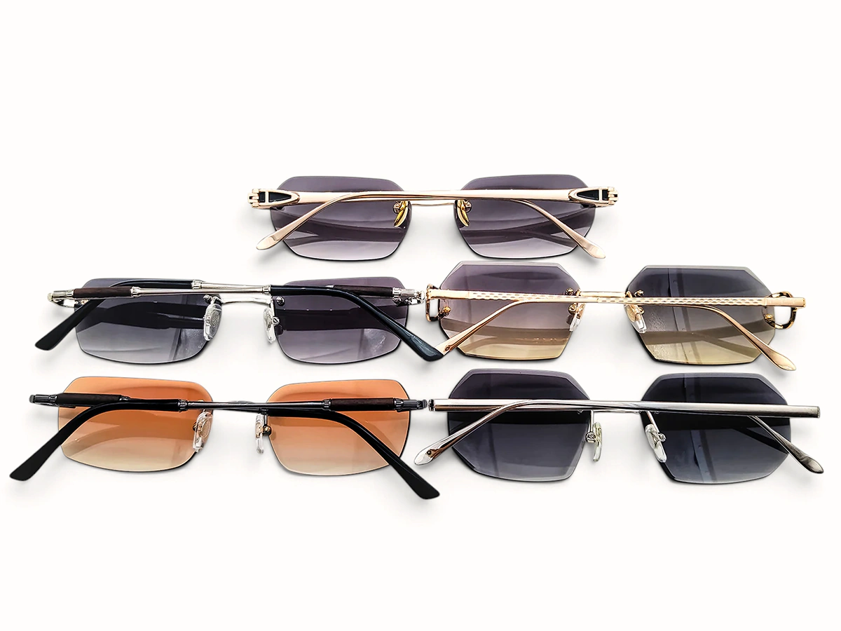 Five titanium sunglasses with slim temples and varied lens-mounting structures